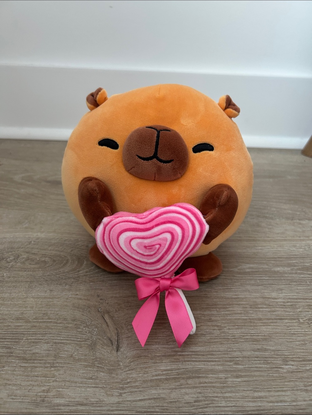Plush Round Bear Holding Pink Heart Lollipop - Soft Orange Cuddly Toy